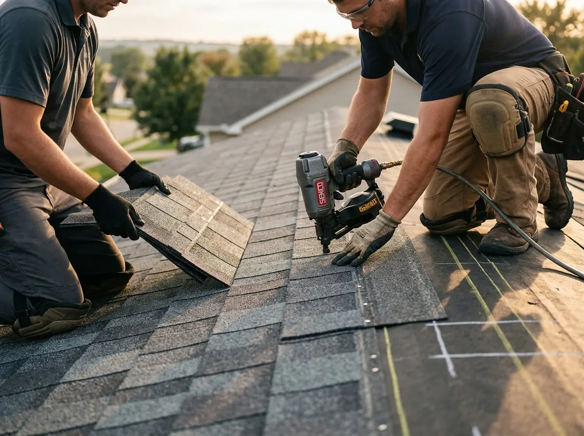 Professional roofer working on a residential roof in Kemp Mill